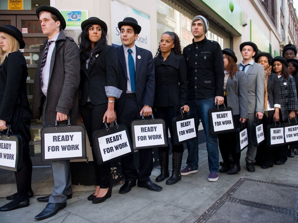 Miss Dynamite (5th left) joins unemployed young people outside a job centre in the Battlefront Campaign against joblessness