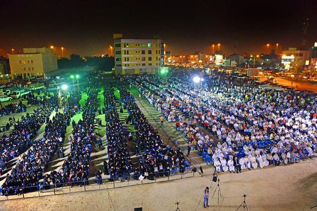 More than 2,500 Shia gather to listen to speeches against the government of King Hamad in Moqsha, Bahrain, on Oct. 11. The Shiite population, which is about 50 percent of Bahrain, has sustained a campaign of civil unrest in the country starting in 2011.