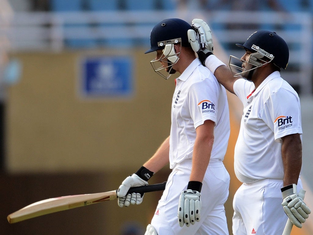 Pat finish: Samit Patel consoles Jonny Bairstow after he was out for a fine 118 in England’s warm-up game yesterday