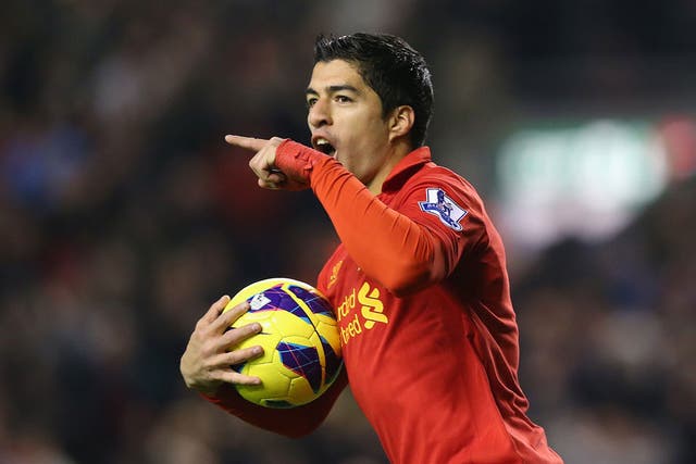 Suarez celebrates scoring his equaliser for Liverpool