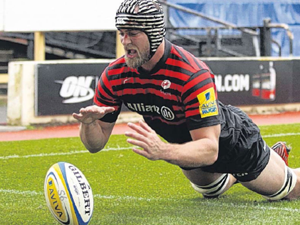 Saracens’ Alistair Hargreaves scores a try at Vicarage Road
