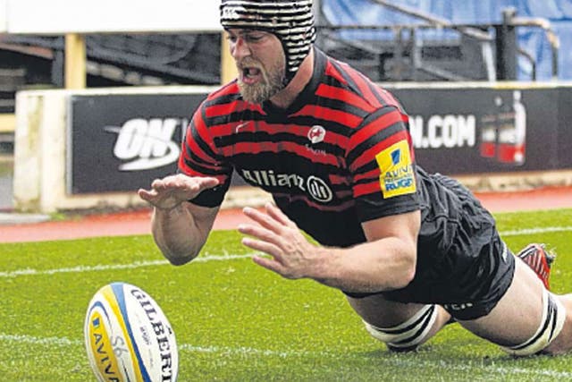 Saracens’ Alistair Hargreaves scores a try at Vicarage Road