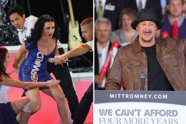 Katy Perry at an Obama event in Milwaukee, left, and Kid Rock campaigns for the Romney camp