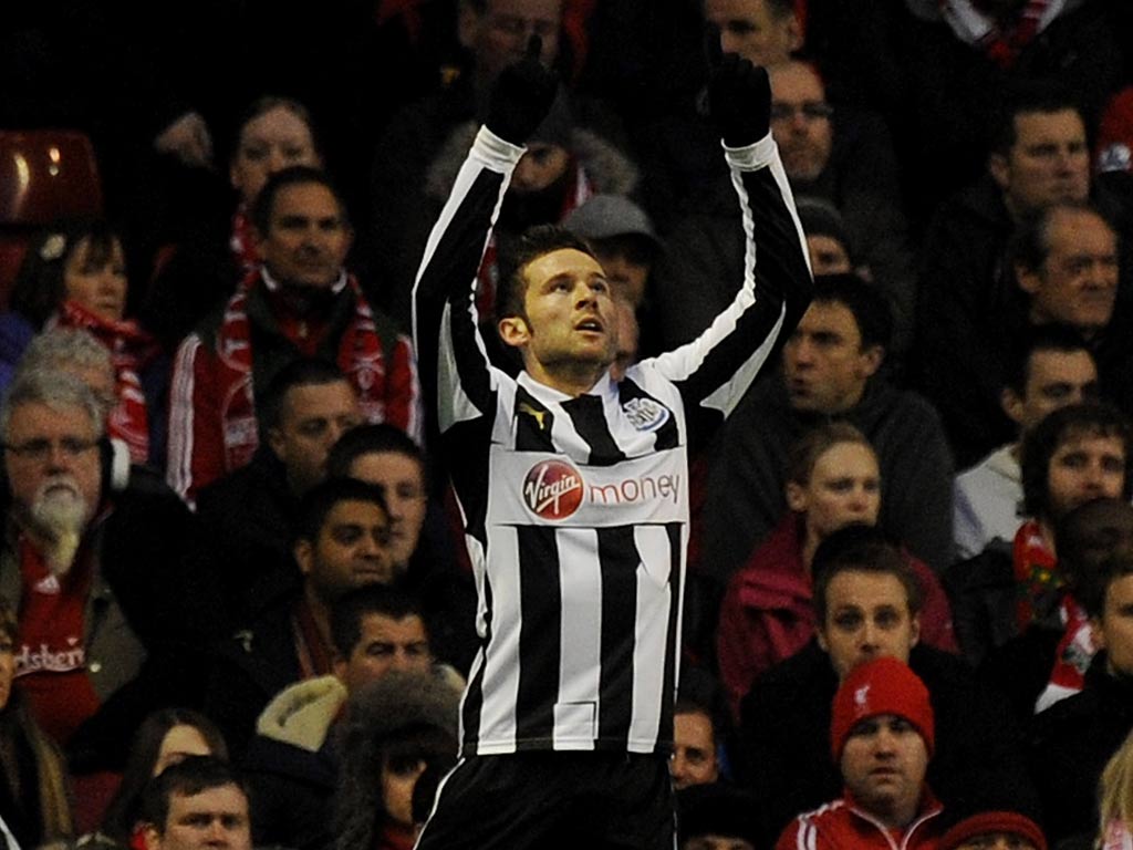 Newcastle midfielder Yohan Cabaye celebrates a goal at Anfield