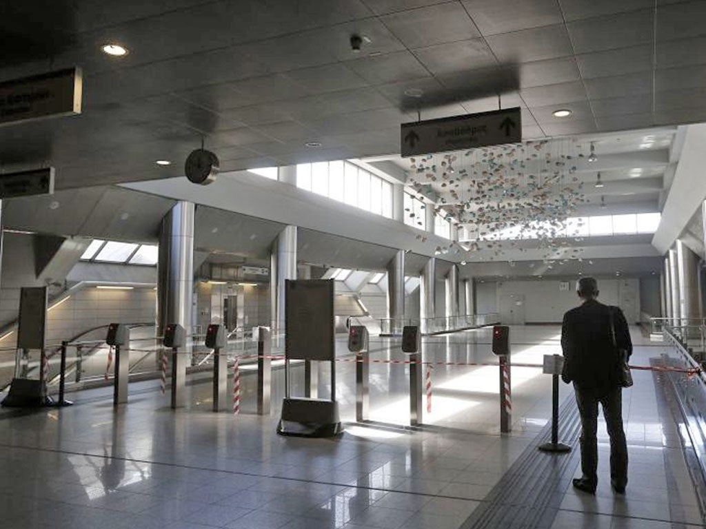 The entrance of a closed metro station during a 24-hour strike against the government's austerity measures, halting services on the metro, railway and city trains in Athens