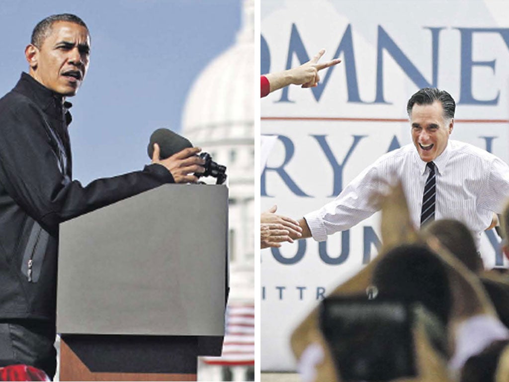Barack Obama addresses a rally in Madison, Wisconsin, yesterday (right) and Mitt Romney greets supporters in Sanford,
Florida, yesterday