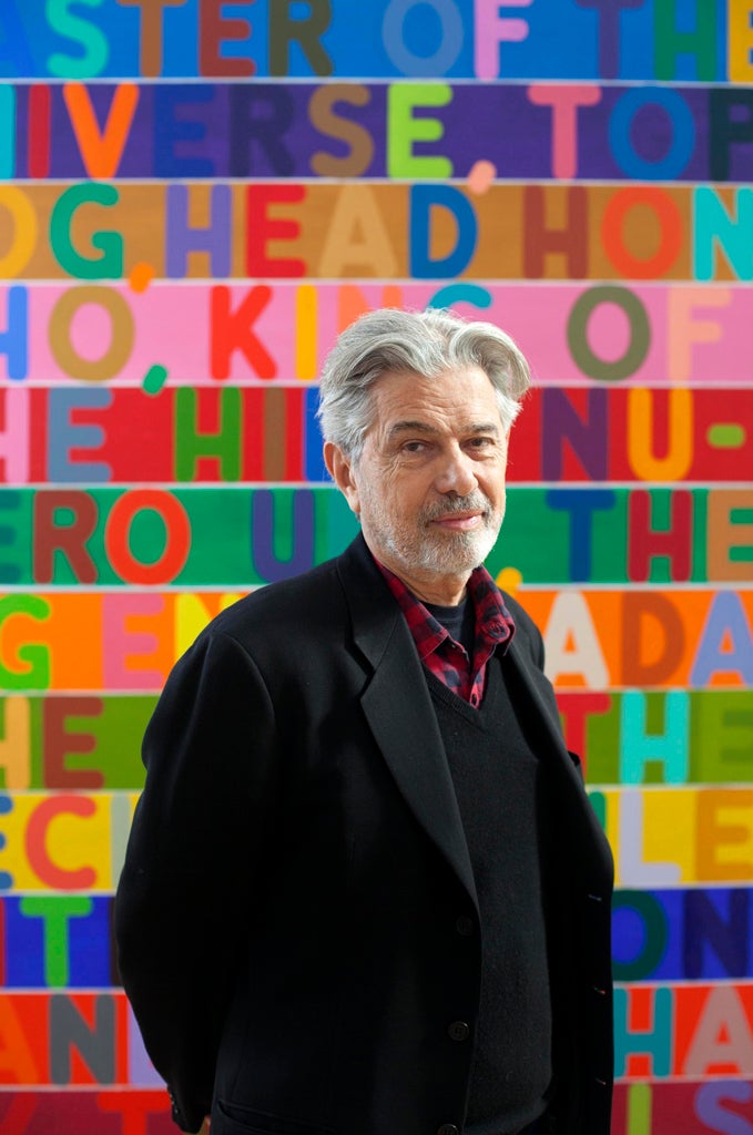 New York artist Mel Bochner stands in front of his painting 'Master of the Universe (2010)' at the Whitechapel Gallery