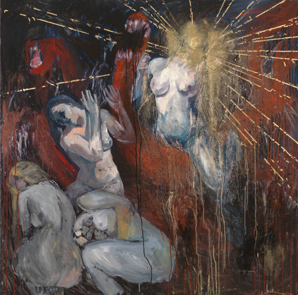 Alice Instone, Pope Joan, 2012, oil, gold leaf & bronze powder on canvas, 150cm x 150cm