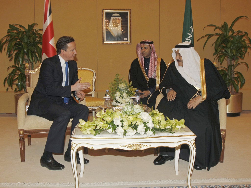Bristish Prime Minister David Cameron meets Saudi Arabia's Prince Nayef bin Abdul Aziz al-Saud (R) in Riyadh on January 13, 2012.