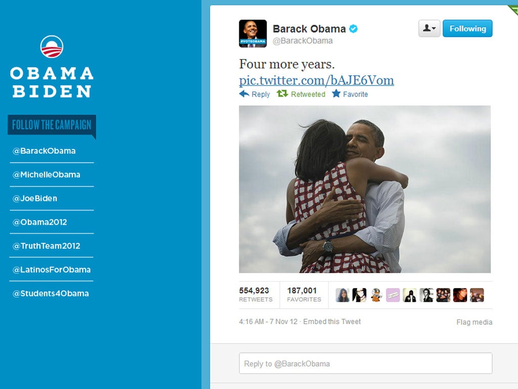 Obama's #fourmoreyears tweet became the most retweetd of all time.