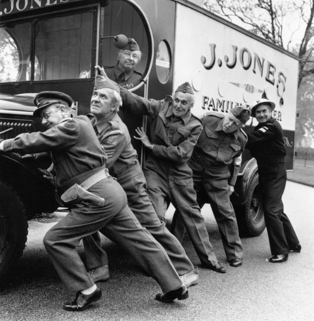 The cast of Dad’s Army on set in October 1974 (Getty)