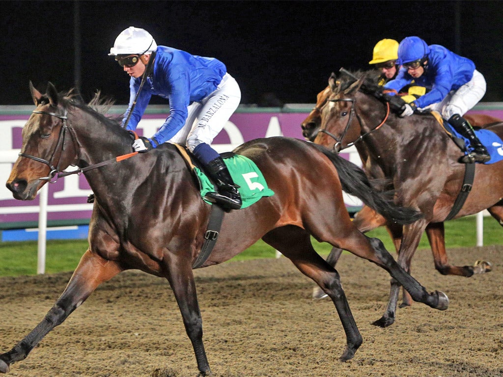 Spring Of Fame beats his Godolphin stablemate Modun to win the Listed Floodlit Stakes in course record time at Kempton