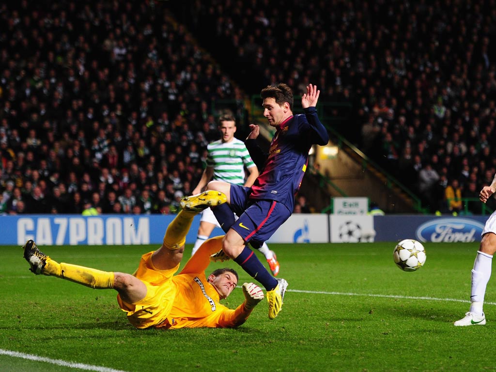 Lionel Messi is denied by Celtic