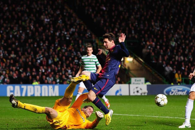 Lionel Messi is denied by Celtic