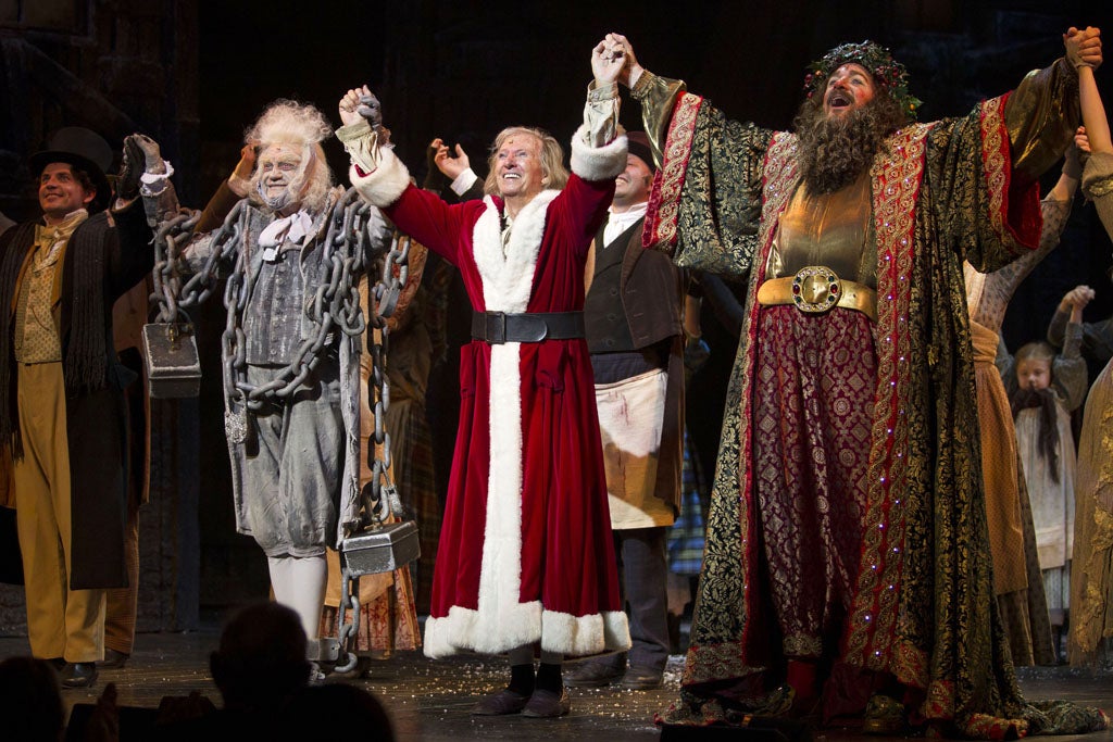 Barry Howard (Jacob Marley), Tommy Steele (Ebenezer Scrooge) and James Head (Ghost of Christmas Present) - 'Scrooge the Musical' play press night, London, Britain - 06 Nov 2012