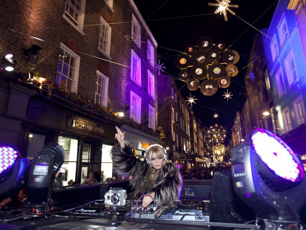 Carnaby Street's lights with a Rolling Stones theme (celebrating their 50th anniversary) were launched this week by the DJ Goldierocks