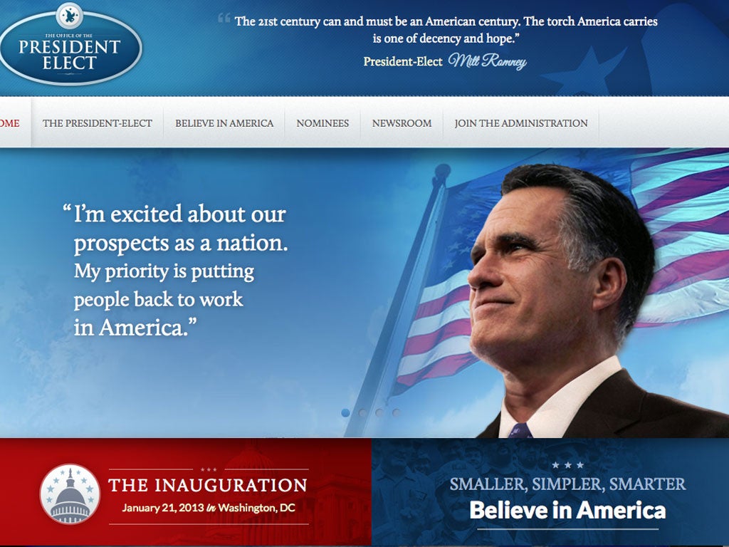 A screen shot of Romney's President Elect website