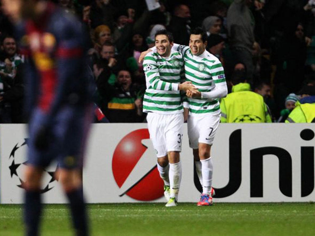 Celtic’s Tony Watt (left) celebrates his winning goal against Barça