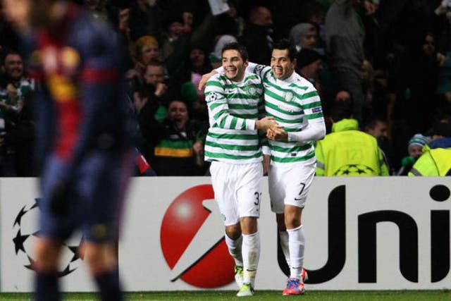 Celtic’s Tony Watt (left) celebrates his winning goal against Barça