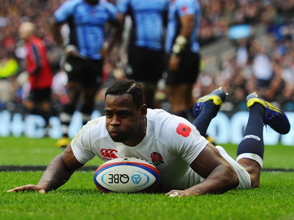 Back in the groove: Ugo Monye goes over for his comeback try