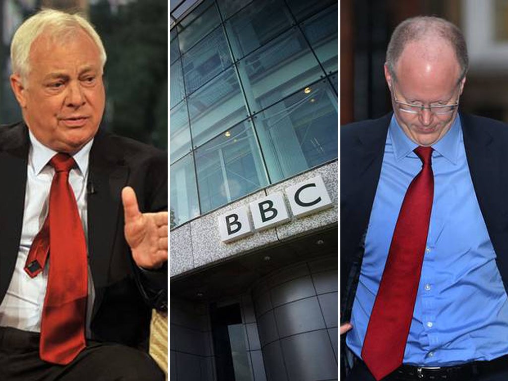 The BBC chairman Chris Patten (left) has been commenting after last night's resignation of the BBC Director General George Entwistle (right)