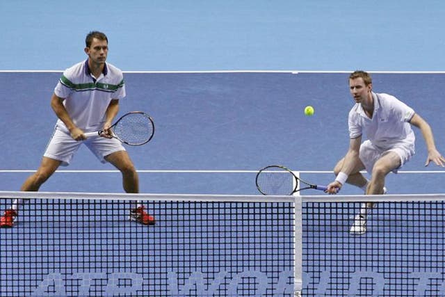 Jonny Marray (right) and Freddie Nielsen in doubles action yesterday