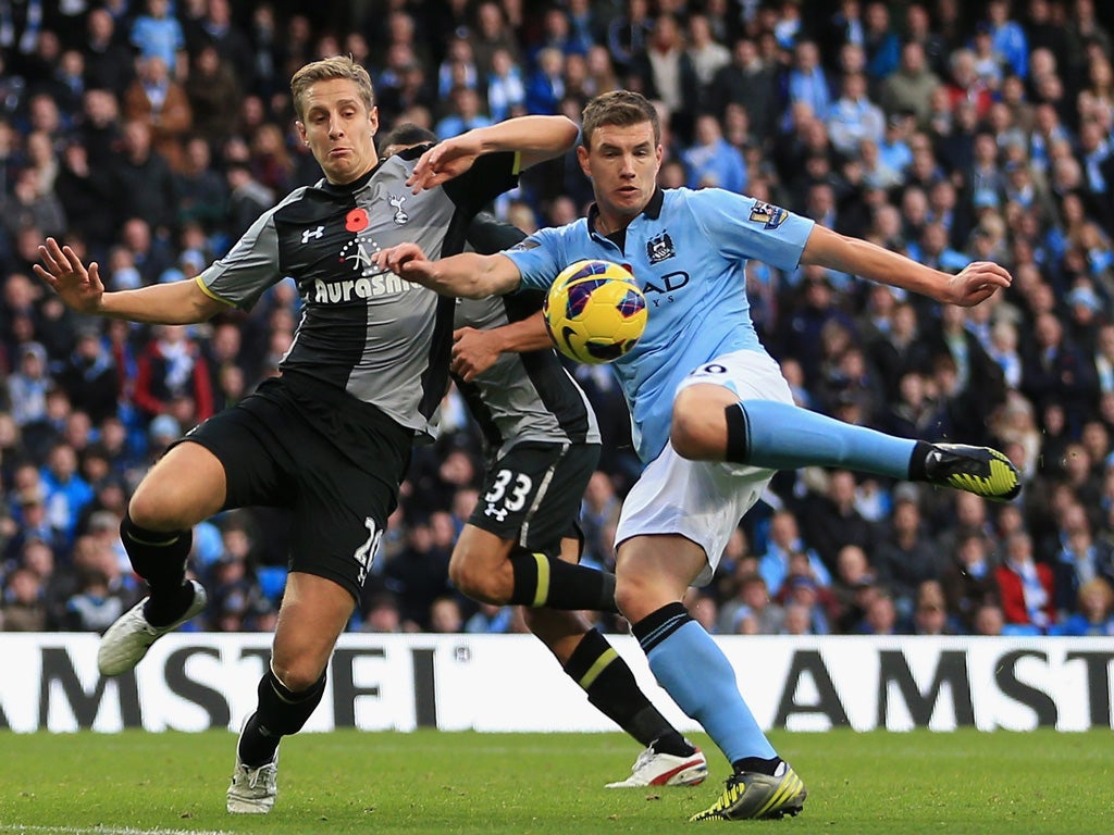 Edin Dzeko scores Manchester City’s winner yesterday