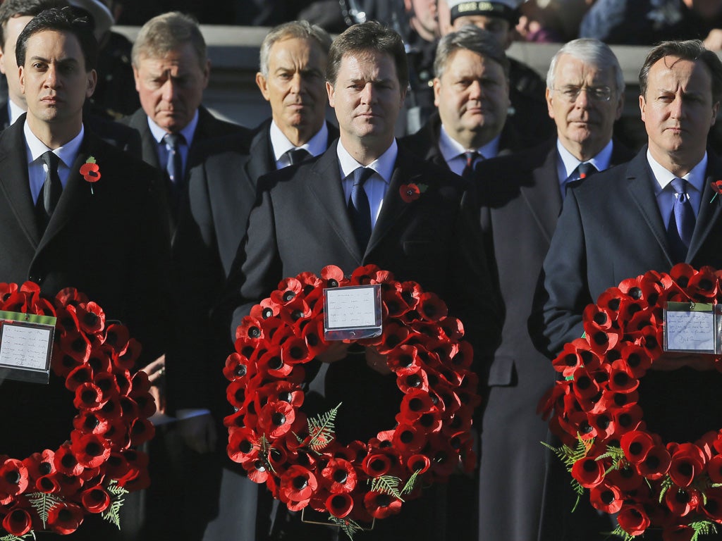 David Cameron, Nick Clegg, Ed Miliband, John Major and Tony Blair pay tribute to Britain’s war dead.