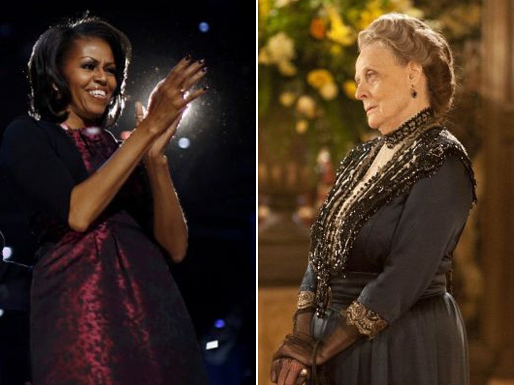Michelle Obama, left, wrote to ITV1 requesting to see series three before it airs in America on 6 January 2013. What would the Dowager Countess of Grantham (Maggie Smith, right) say to such impertinence?