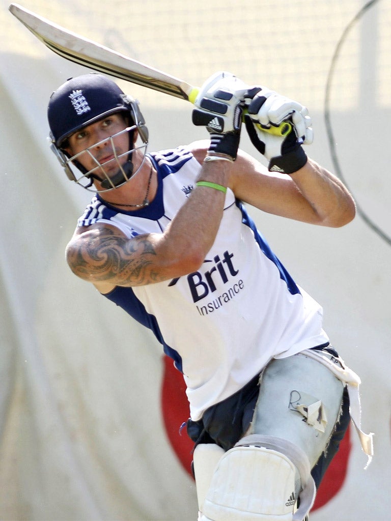 Kevin Pietersen hits out during an England nets session in Ahmedabad yesterday