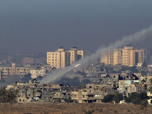 A rocket is seen after its launch from the northern Gaza Strip towards Israel  today
