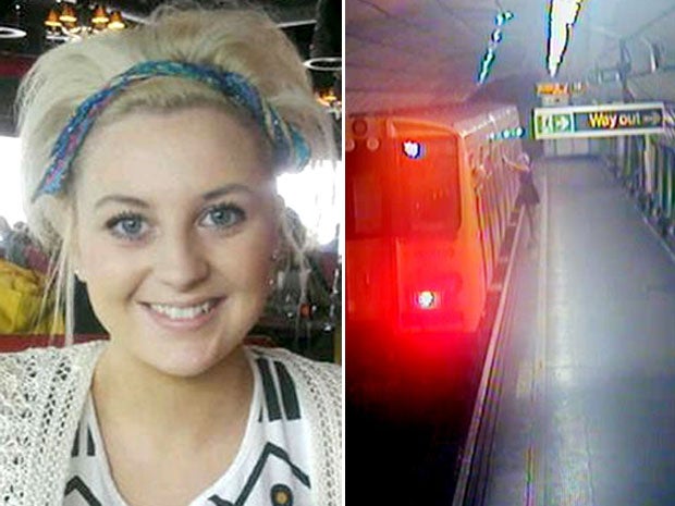 Georgia Varley (left) and at James Street station in Liverpool (right) just moments before she was killed after falling in between the train and the platform as the train pulled away