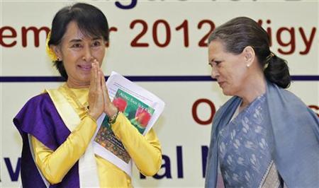 Aung San Suu Kyi and Indian Congress Party leader Sonia Gandhi.