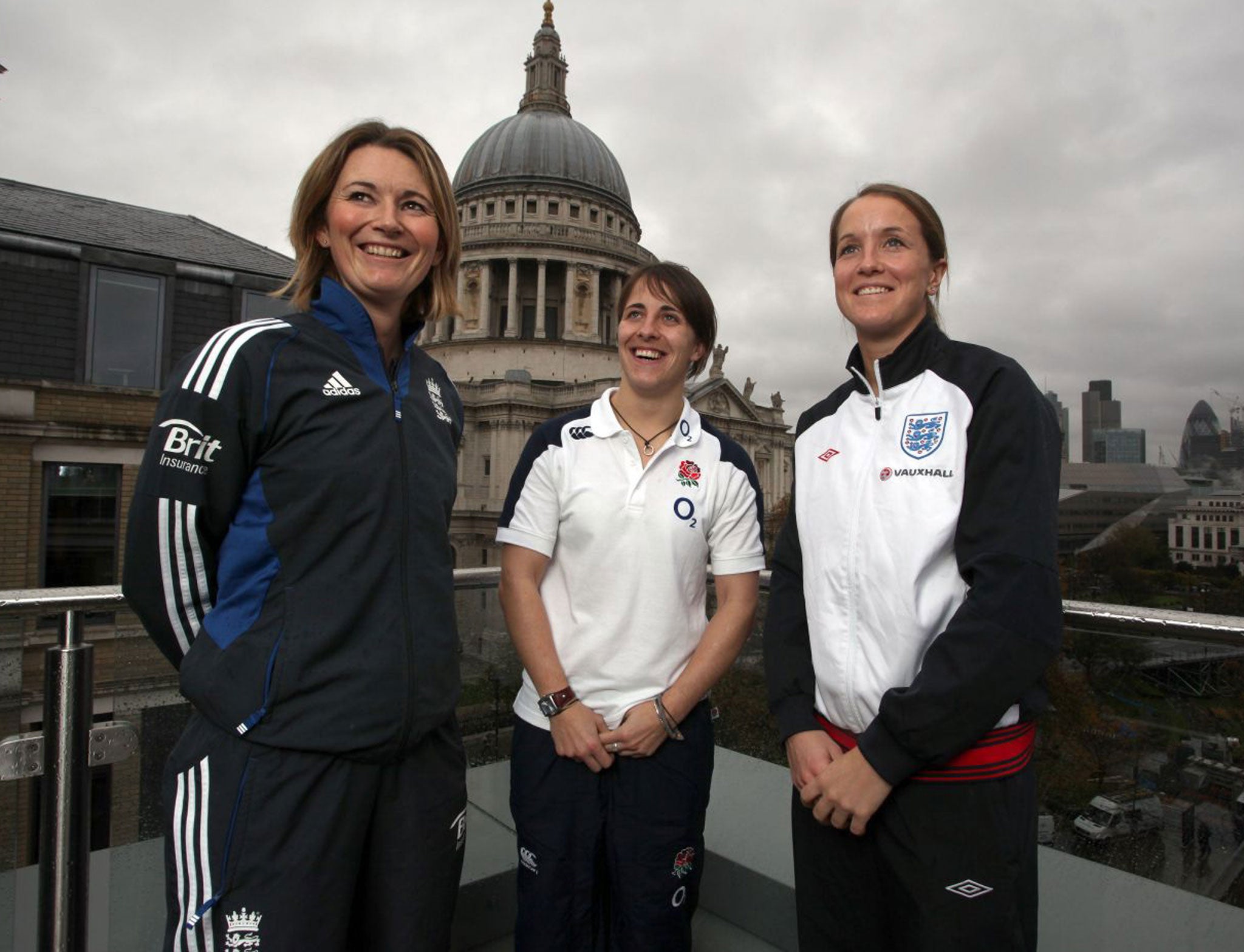 The three England captains (from left): Charlotte Edwards (cricket), Katy McLean (rugby) and Casey Stoney (football) at the Grange St Paul’s Hotel in London this week