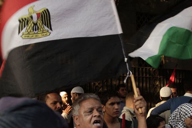 Protesters wave Egyptian and Palestinian flags during a protest in solidarity with Gaza in Cairo yesterday