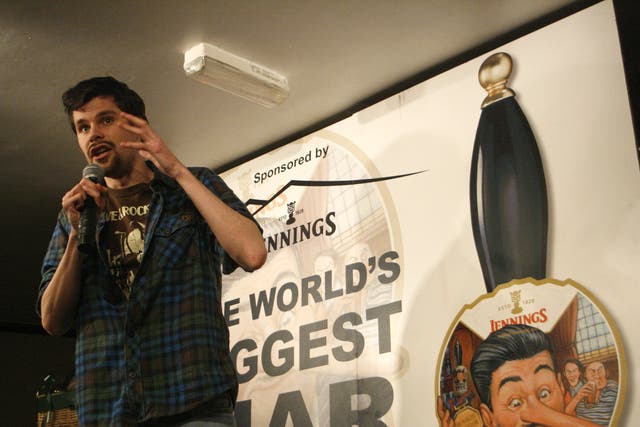 Jack Harvey, winner of the 2012 World's Biggest Liar contest spins his tale at the Santon Bridge Inn, Wasdale