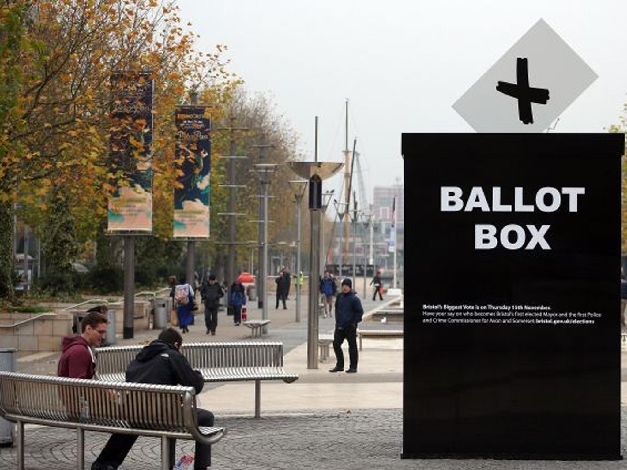 A mock ballot box to encourage people to vote in the Bristol