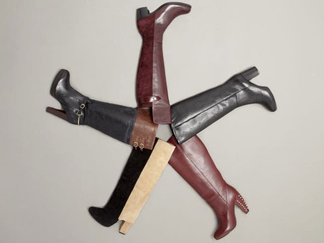 Clockwise from left: 1. Black boots with brown top £150, dune.co.uk; 2. Suede and leather boots£345, Russell and Bromley, 020 7629 6903; 3. Black leather boots £190, cosstores.com;  4. Suede foldover boots £100, asos.com; 5. Studded heel boots £110, topsh