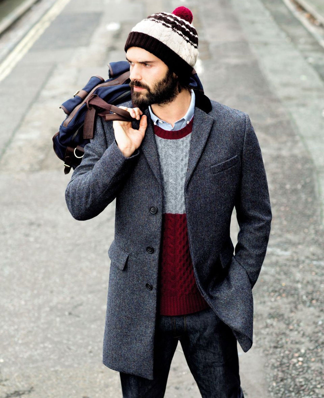 Wrap up warm: hat £20, bag, £90, knit £60, jeans £65, coat £199, from Burton, burton.co.uk