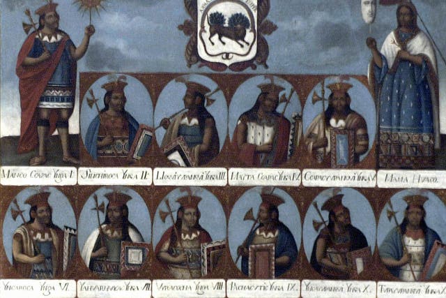 This picture taken 12 November 2004 at the Cuzco exhibition, Splendours of 17th and 18th Centuries Peruvian Painting, at the Grimaldi forum in Monaco, shows a 18th century painting 'Incas genealogy'.