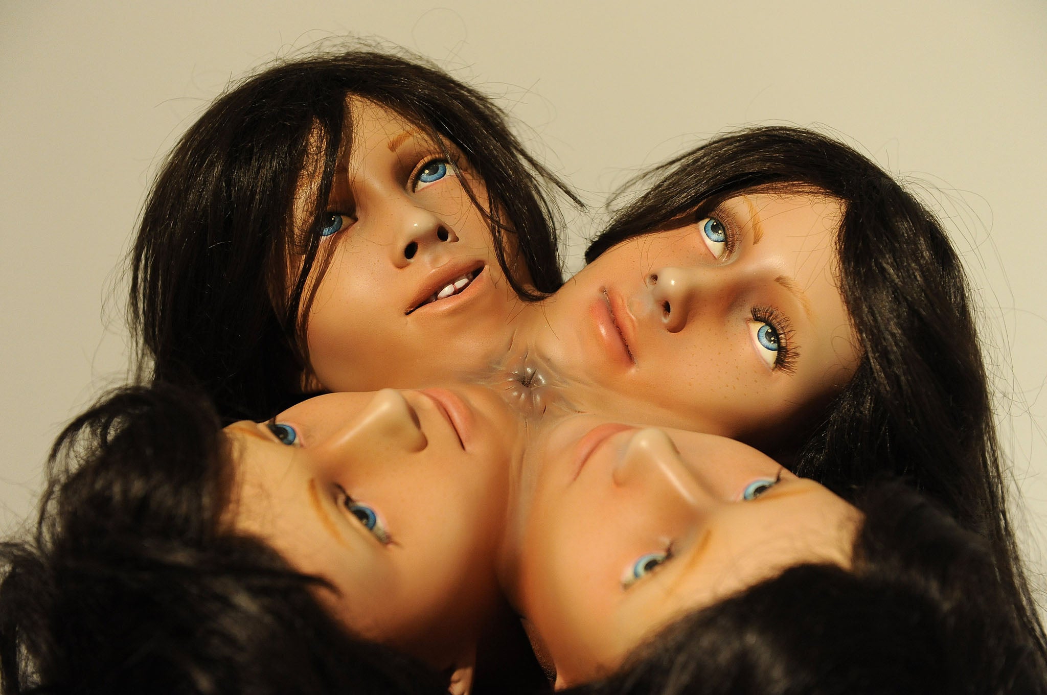 Jake and Dinos Chapman: A three headed mannequin sculpture
 The Perfect Place to Grow:175 Years of the Royal College of Art exhibition, London,Britain -