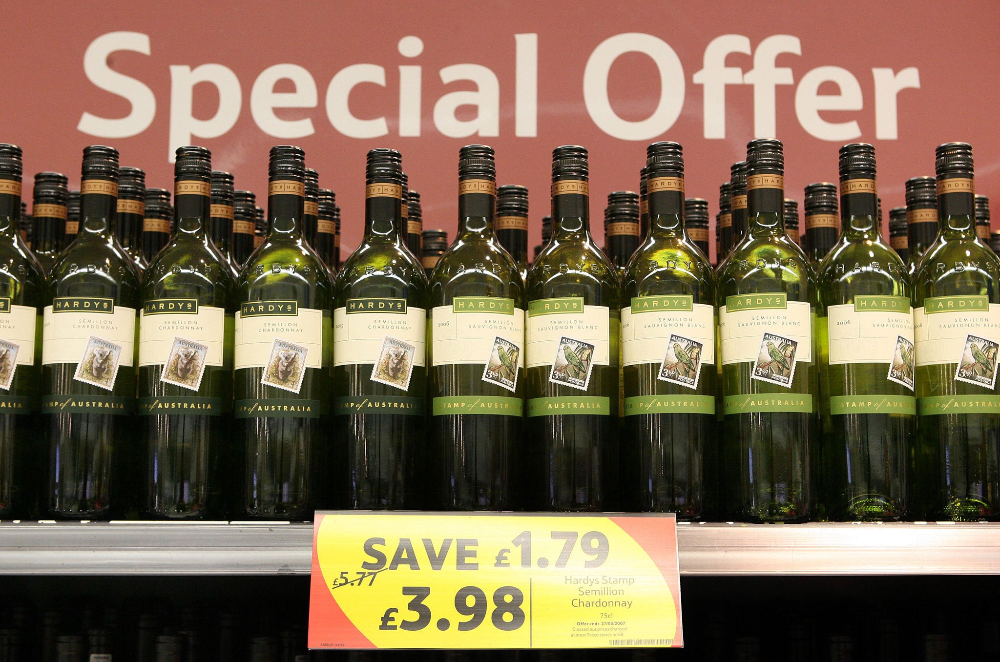 Wine of offer at a Tesco store on February 27, 2007 in London, England. Tesco is the the UK's biggest supermarket chain, with a 31.5% share of the total grocery market.