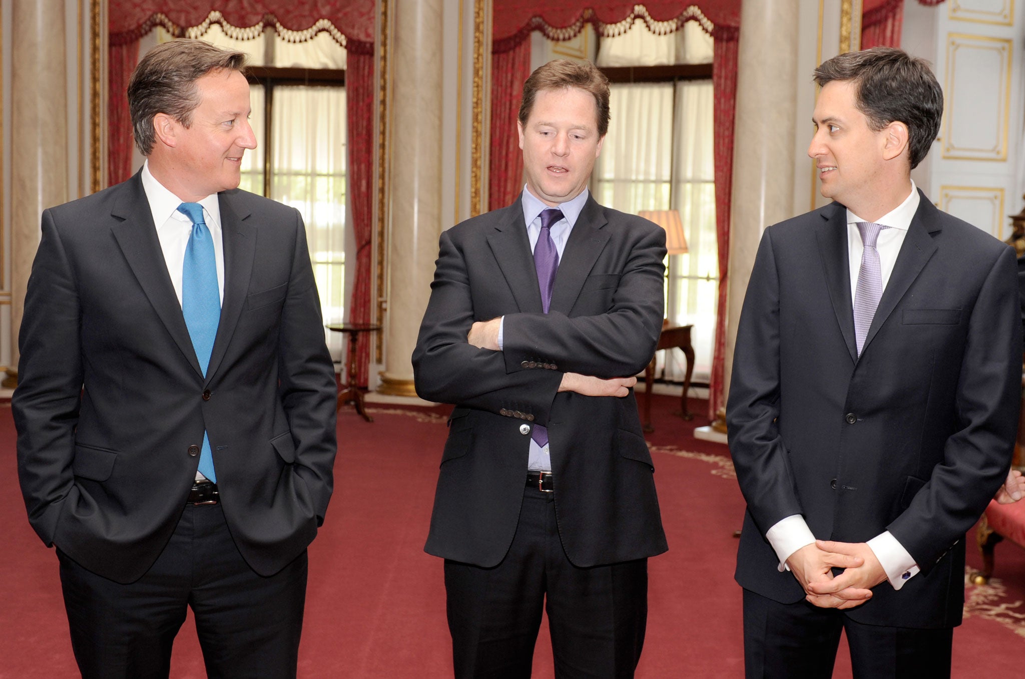 Prime Minister David Cameron (L), Deputy Prime Minister Nick Clegg (C) and Labour party leader Ed Miliband attend a ceremony at Buckingham Palace to mark the Duke of Edinburgh's 90th birthday on June 30, 2011 in London.