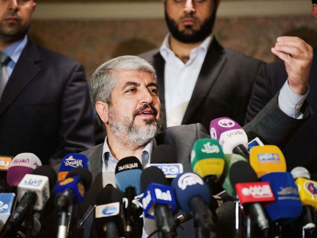 Hamas leader Khaled Meshaal giving a press conference in Cairo yesterday