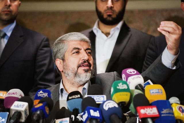 Hamas leader Khaled Meshaal giving a press conference in Cairo yesterday