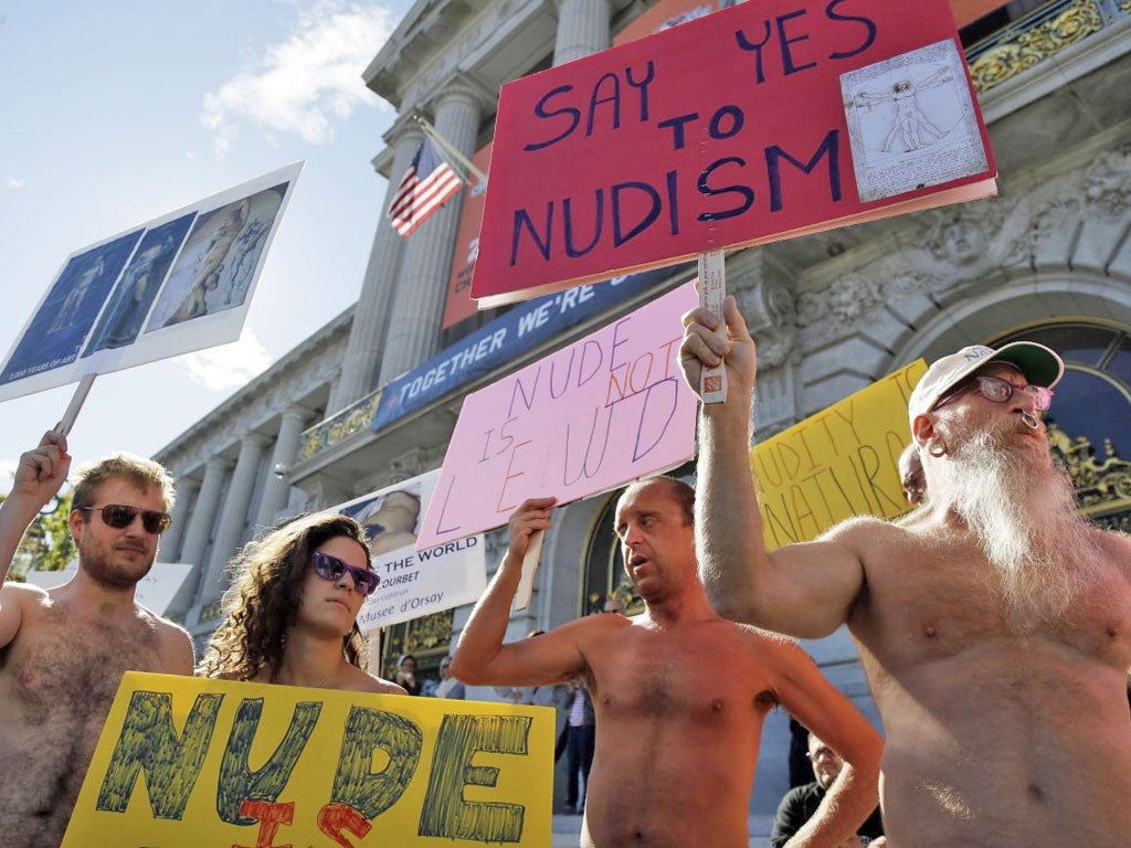 Naked demonstrators protest outside San Francisco City Hall last week against the proposed nudity ban