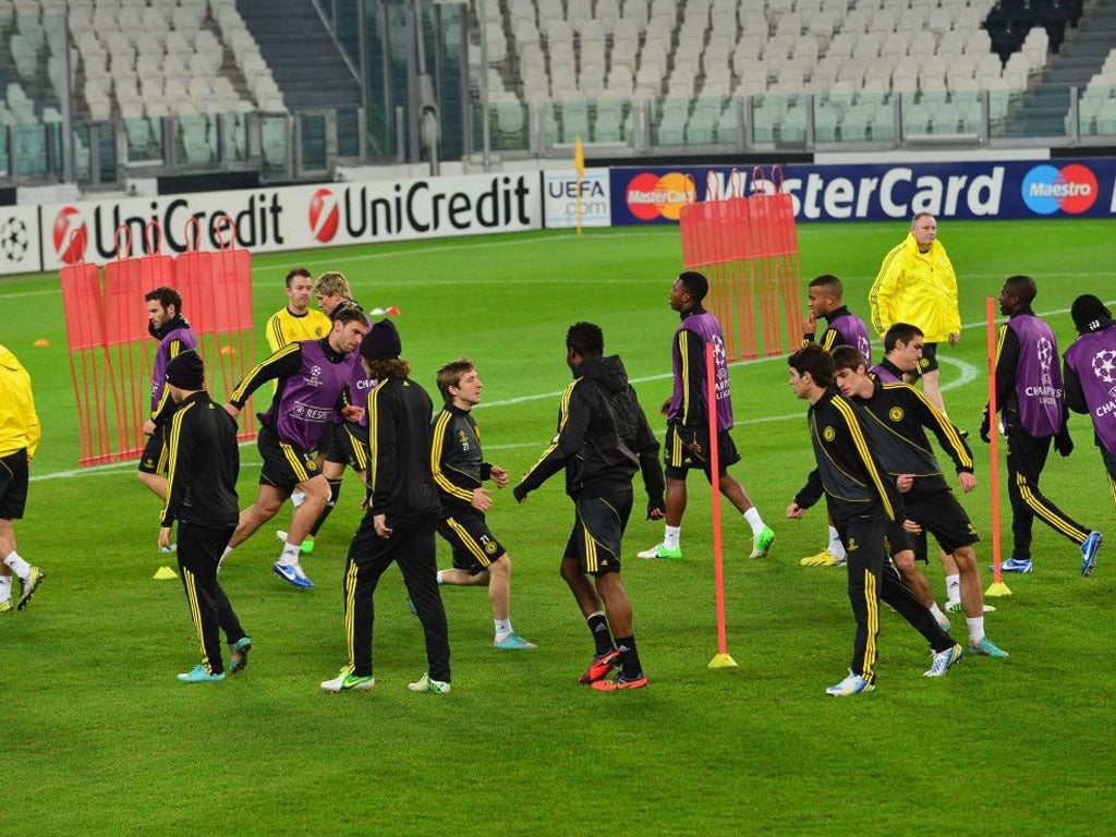 The Chelsea players train at the Juventus Stadium last night