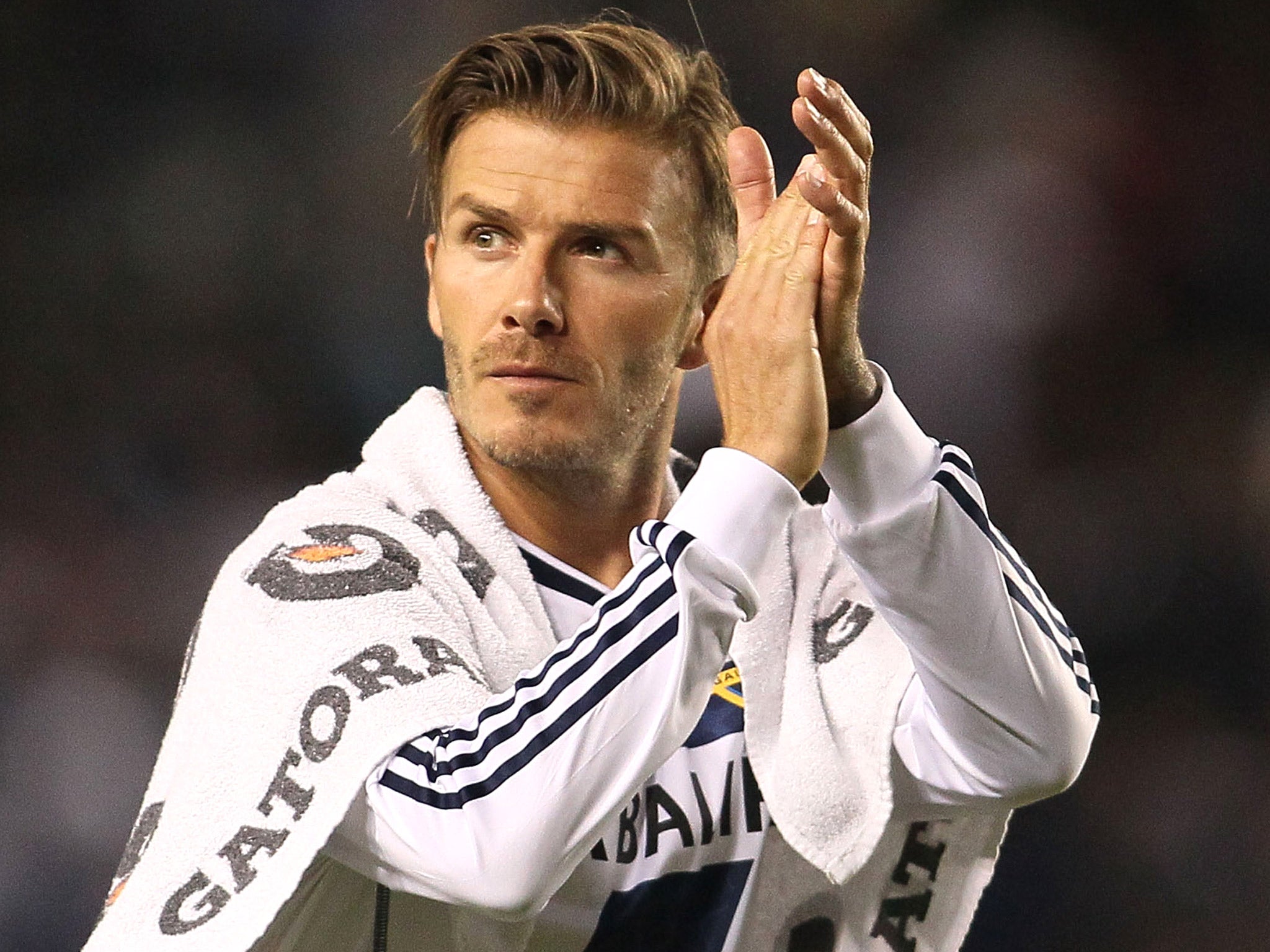 David Beckham applauds the fans after the Los Angeles Galaxy's match against the San Jose Earthquakes earlier this month