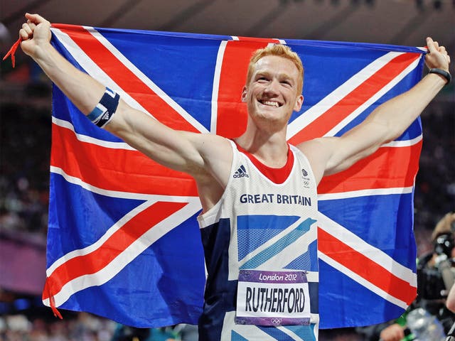 Greg Rutherford celebrates winning gold at London 2012