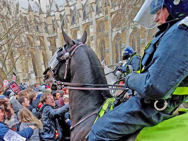Mounted police during student protests in London